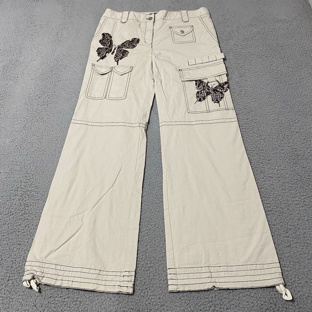 Vintage BCBG Cargo Pants Women 12 (33x32) Cream Brown Butterfly Wide Relaxed Y2K